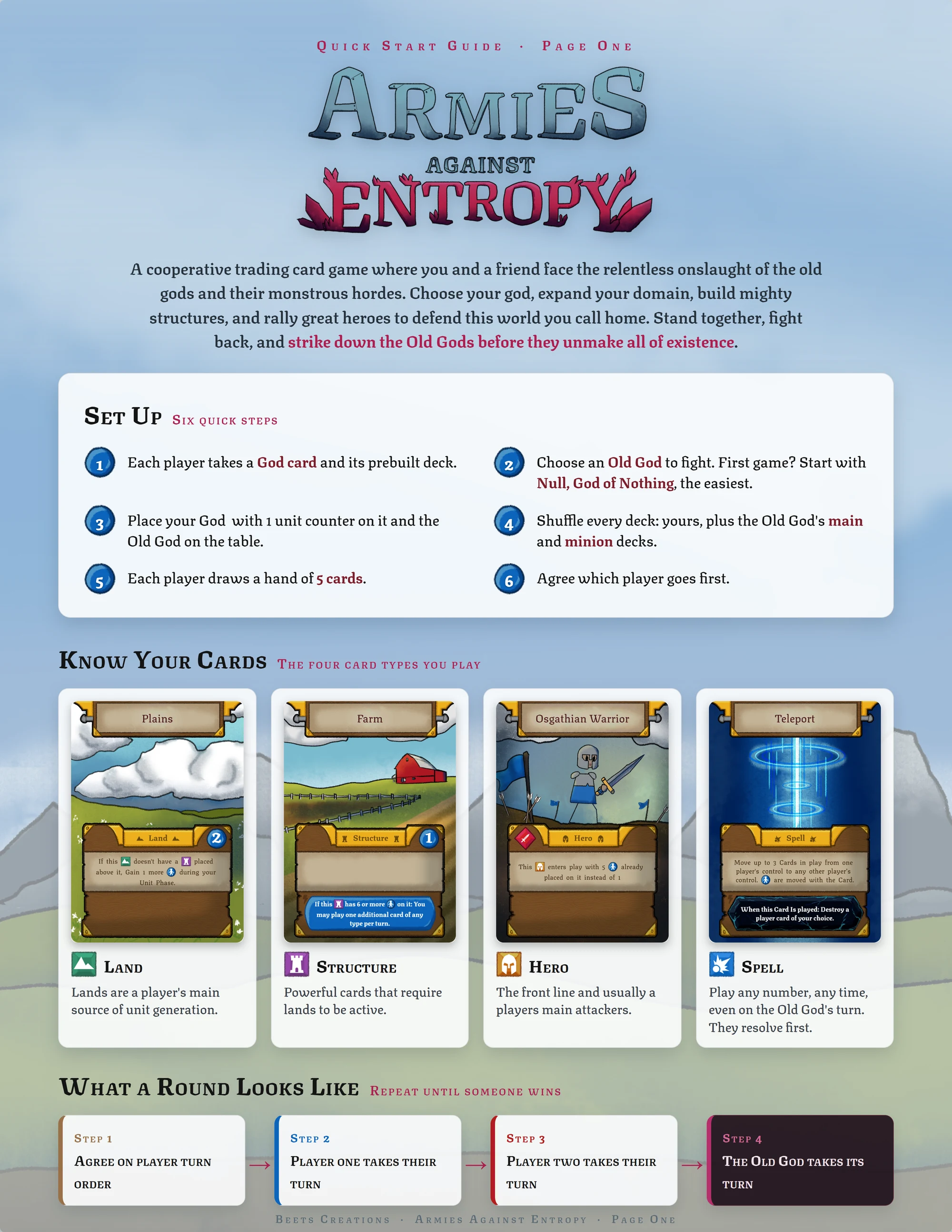 Quick Start Guide, page one: the game in a paragraph, how to set up in six steps, the four card types you play, and what a round looks like.