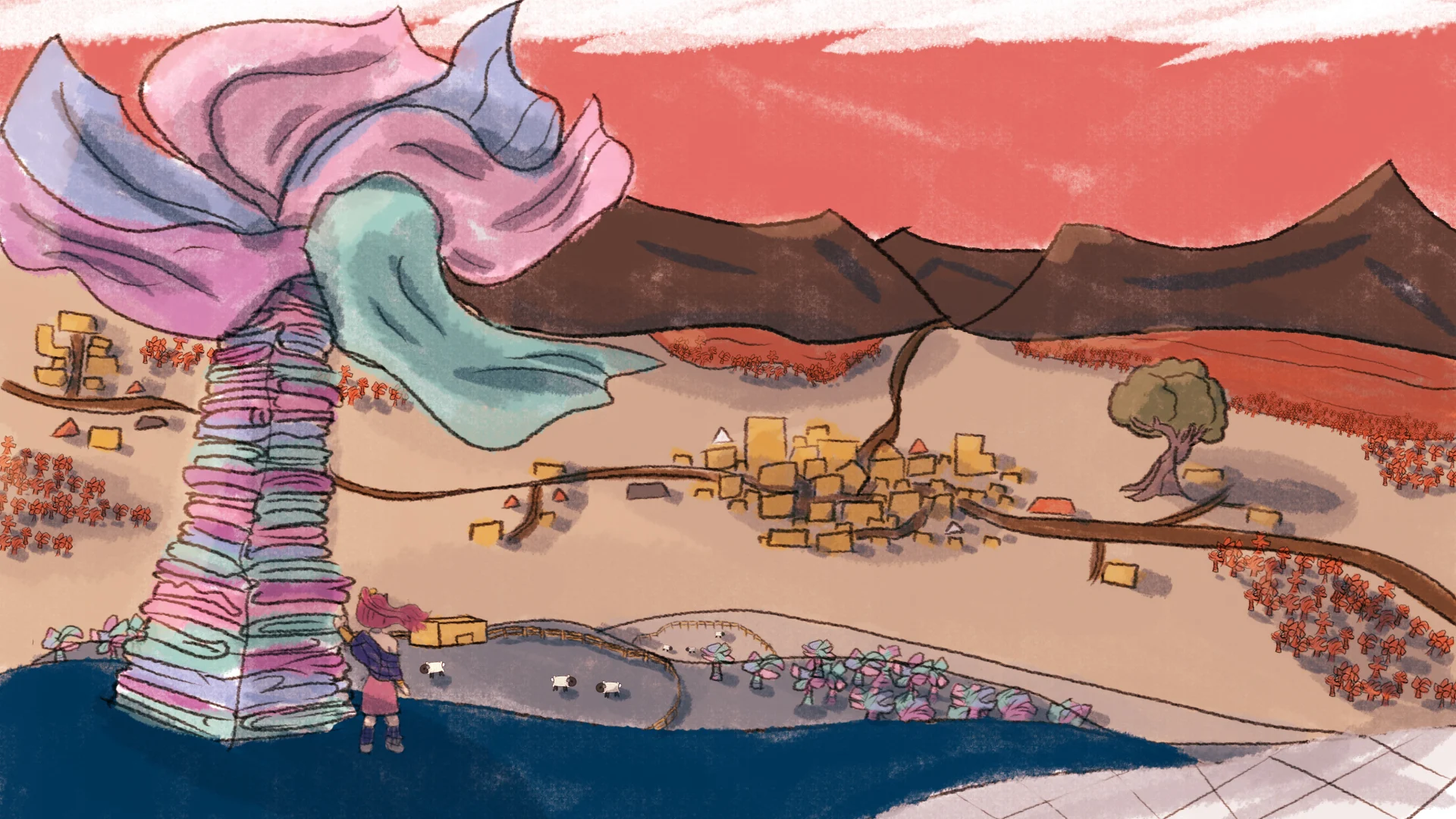 The Kingdom of Snug: Emmi stands beside a tower of stacked blankets on a hill, looking over a valley village toward the mountains.
