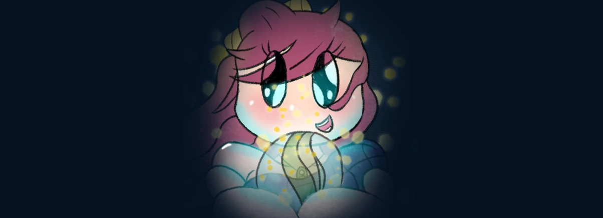 Emmi smiling down at a glowing orb, with sparks of light around her